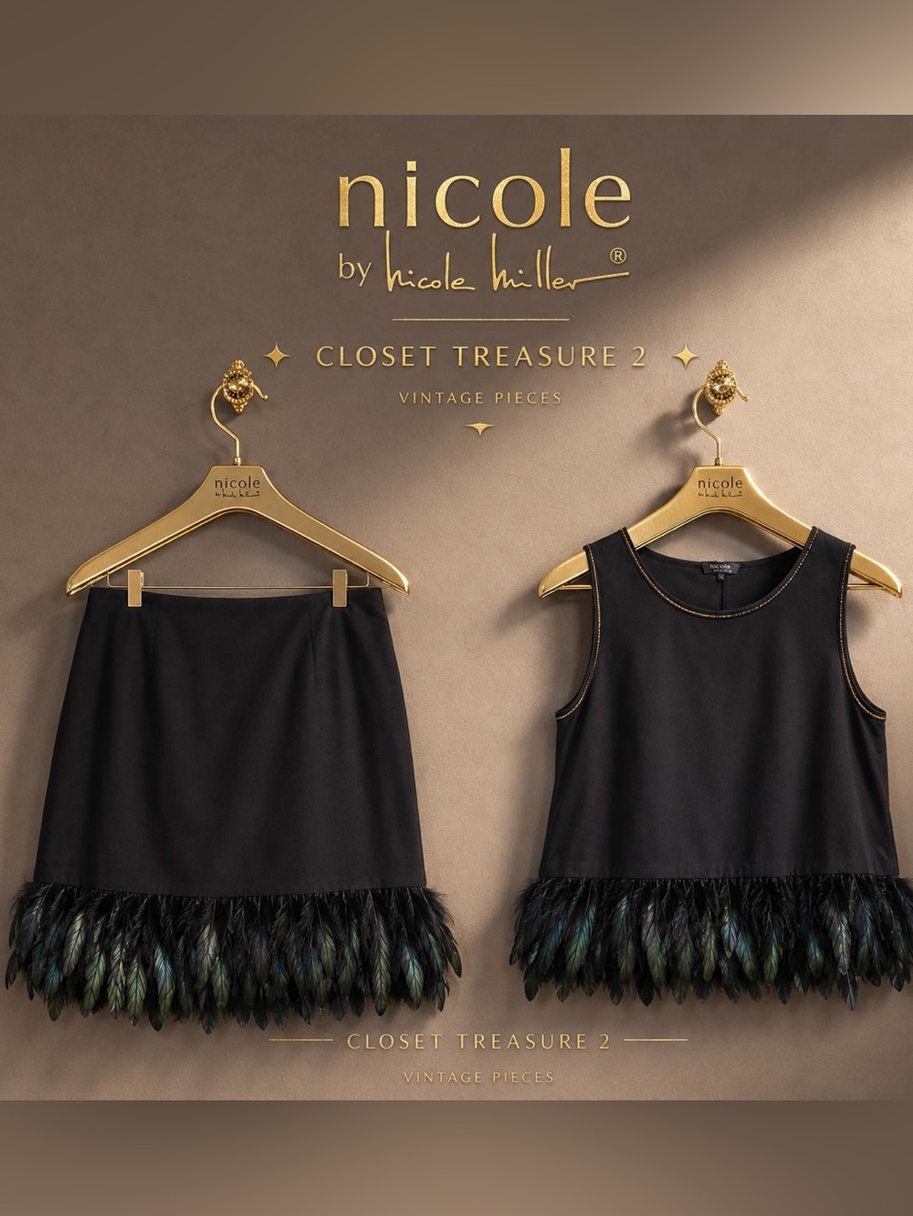 Nicole by Nicole Miller Black Two-Piece Feather Hem Set vintage